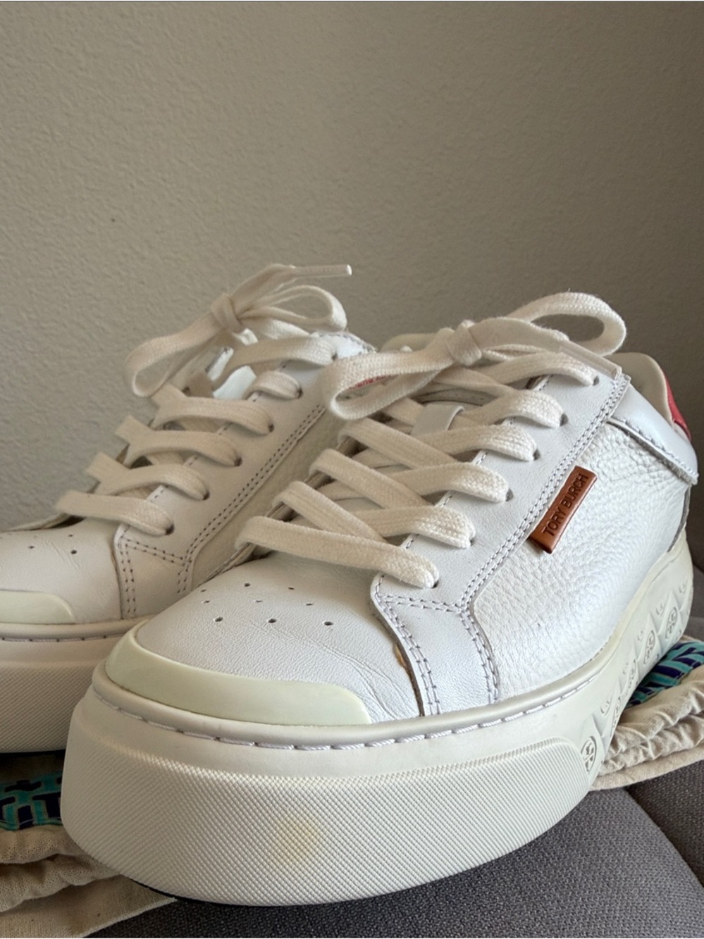 Tory Burch White Leather Ladybug Sneaker with Coral Crush Heel Tab - Picture 4 of 8